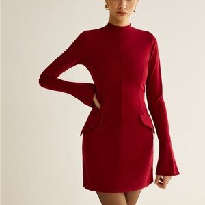 Commense Plain Piping Flair Sleeve Mini Dress, Burgundy